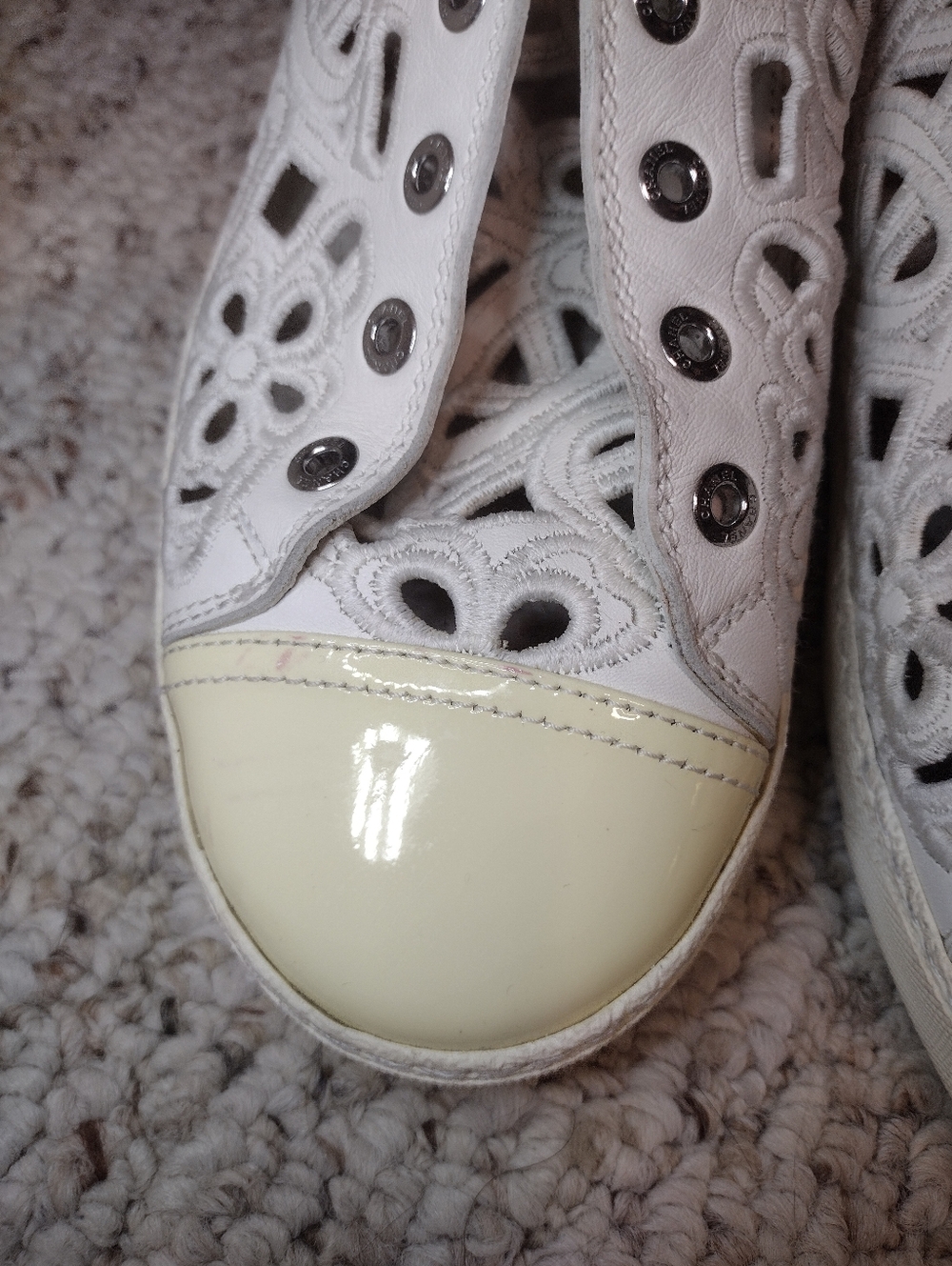 Chanel White & Cream Floral Laser Cutout Lace-up Sneakers - Picture 4 of 9